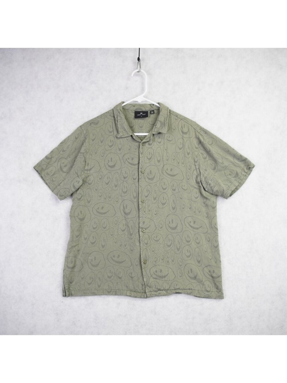 Lazy Oaf Mens Short Sleeve Button Up Shirt Sz M Green Squish Face Bowling Shirt